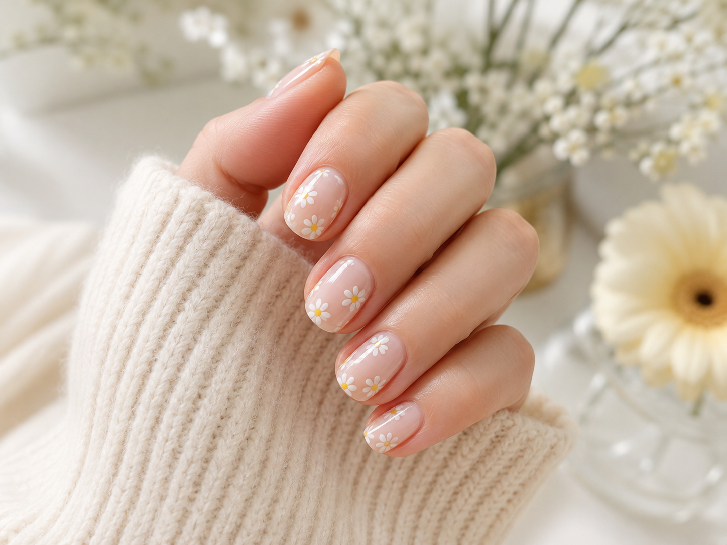 Beginner daisy nail art made with small polish dots