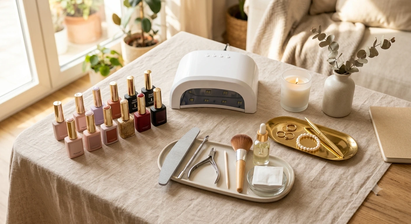Gel nails at home setup with a UV lamp and manicure supplies
