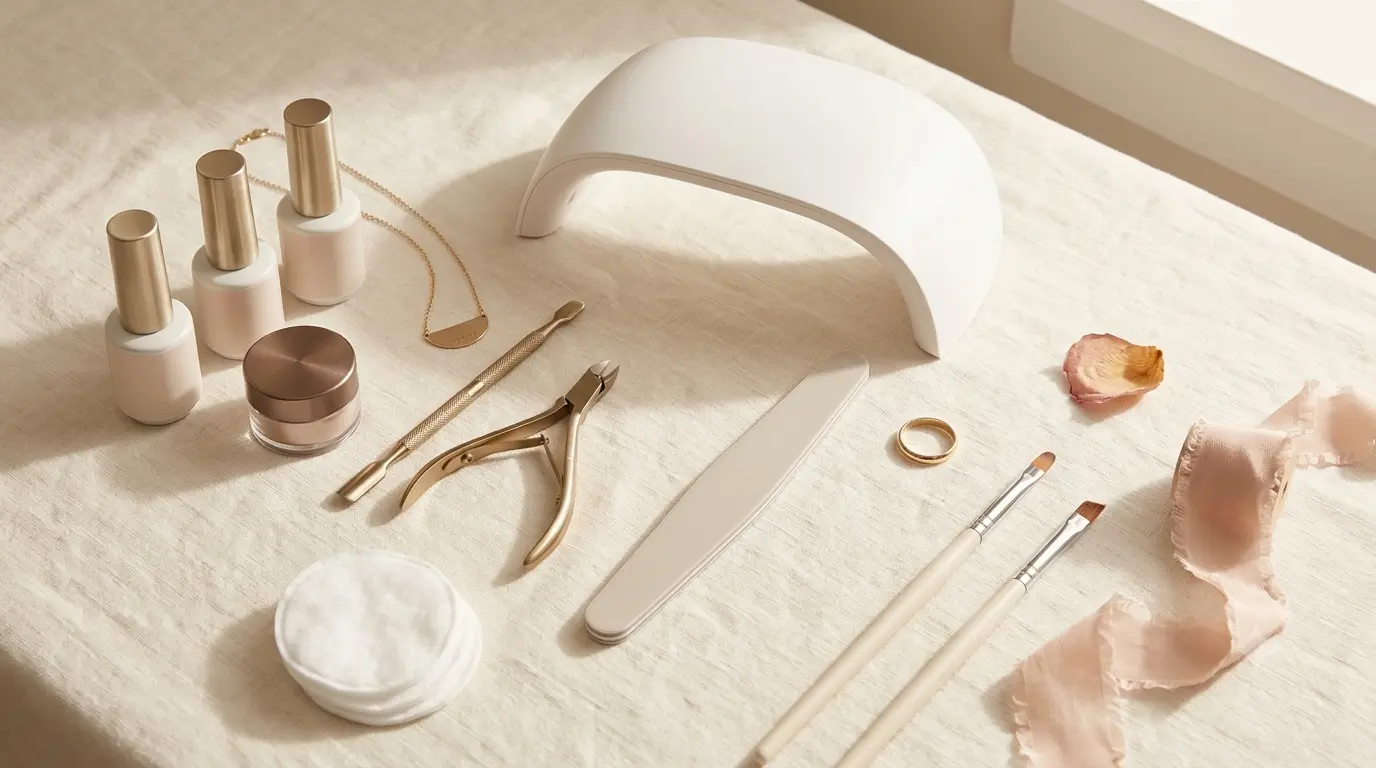 At-home manicure kit with a nail lamp, gel polish, and manicure tools