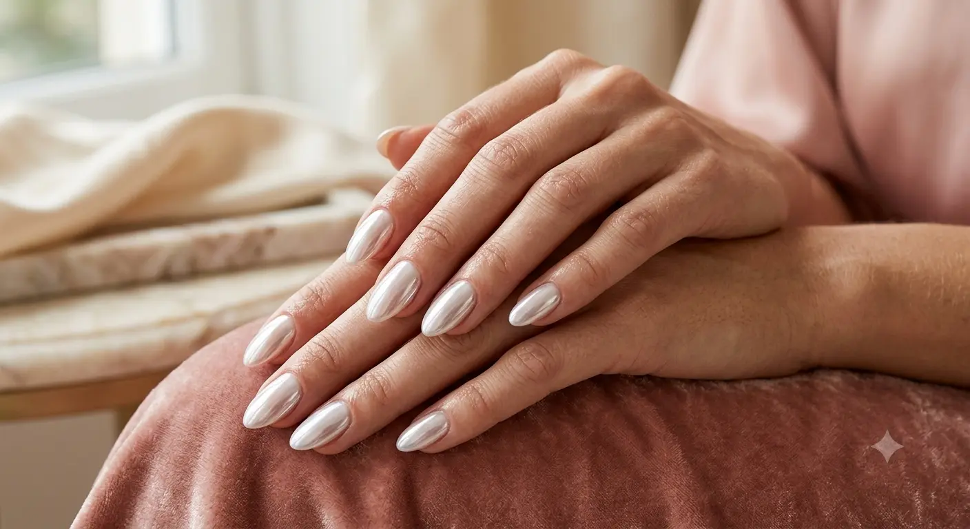 Chrome nail guide with a glossy pearlescent manicure
