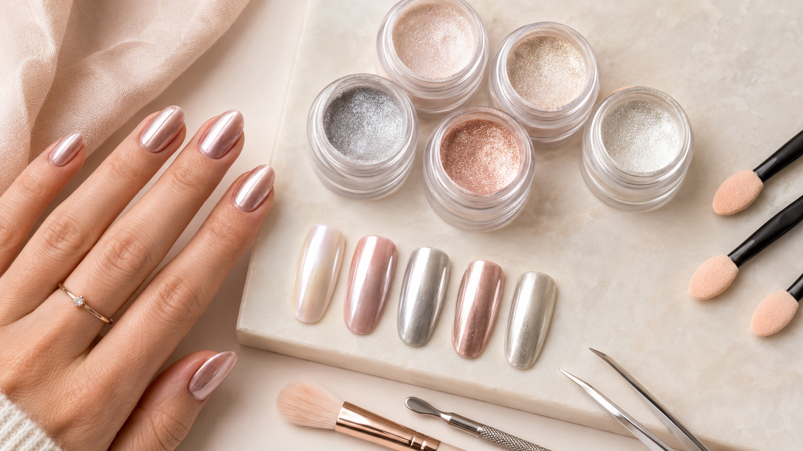 Chrome nail powder jars, applicators, nail swatches, and pearl, silver, gold, and pink chrome finishes