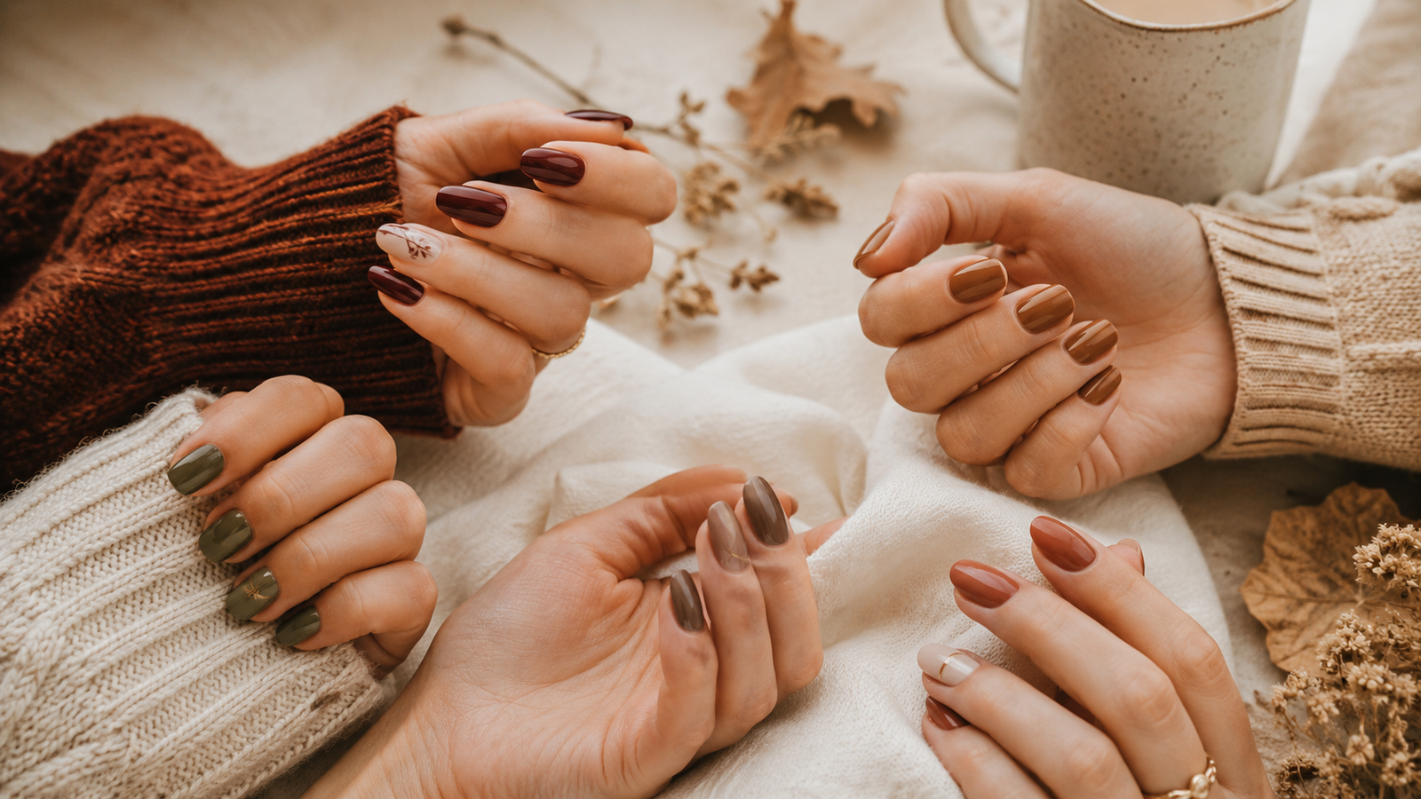 Fall nail ideas with burgundy, chocolate brown, caramel, olive, and glossy autumn finishes