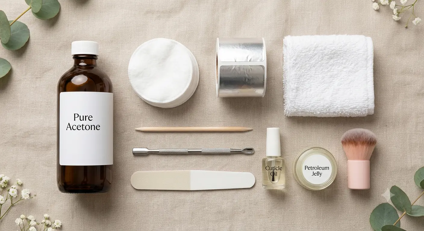 Gel polish removal supplies including acetone, cotton pads, foil, petroleum jelly, cuticle oil, and nail tools