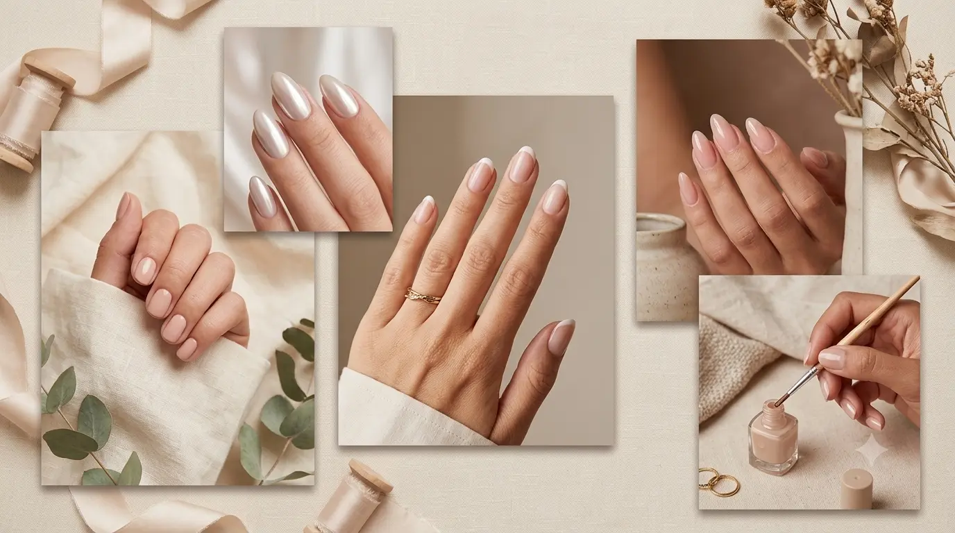 Editorial collage of nude, chrome, French tip, and at-home manicure ideas