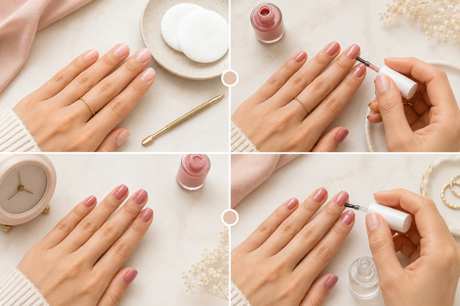 Step-by-step application of regular nail polish over cured gel nails