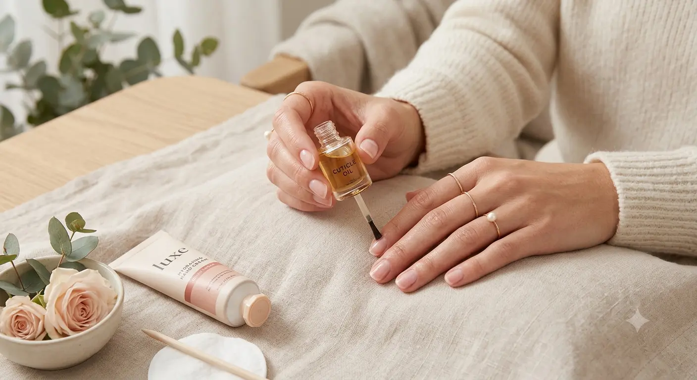 Natural nails after gel polish removal with cuticle oil, hand cream, and gentle nail aftercare