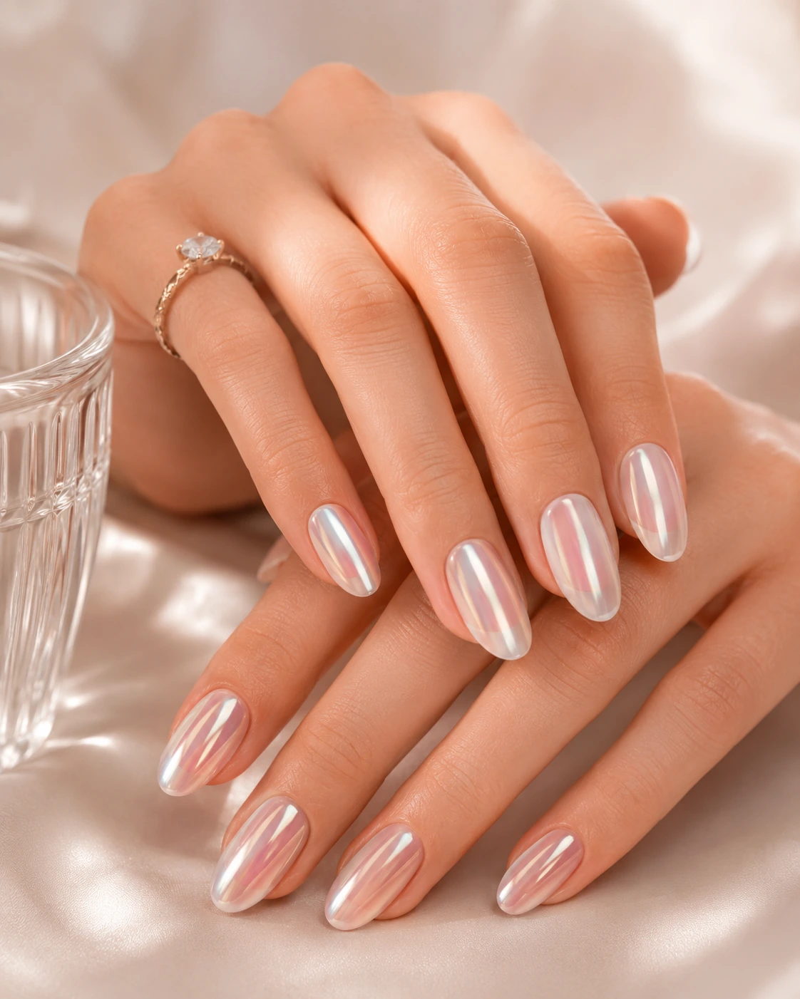 Winter manicure inspiration with pearl chrome, milky white, glossy nude, and reflective finishes