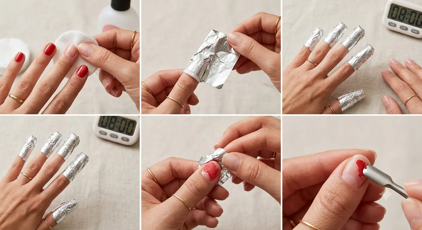 Step-by-step soak-off gel polish removal using acetone-soaked cotton and wrapped fingertips