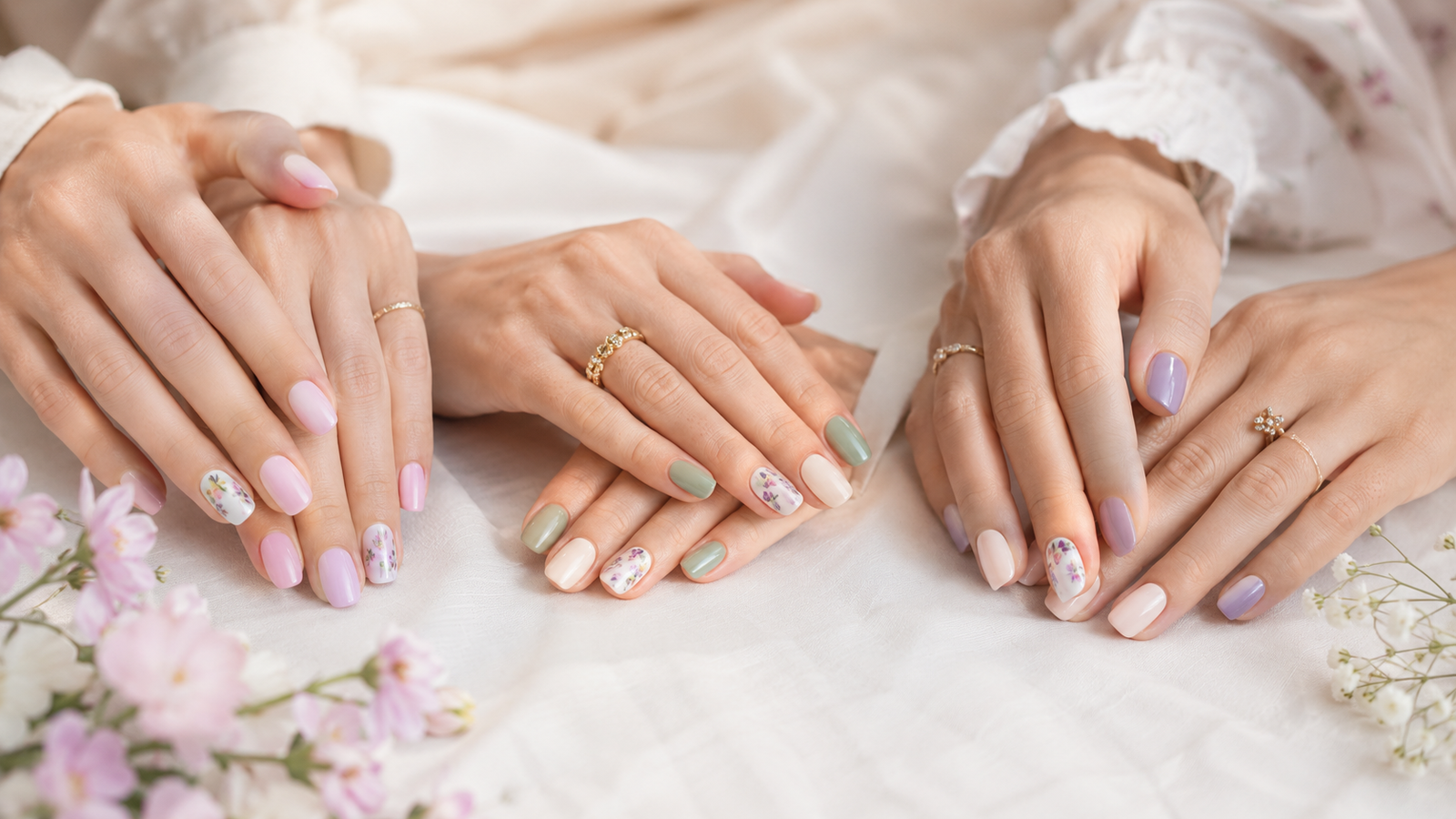 Spring nail ideas with pastel pink, lilac, mint, floral, and glossy manicure details