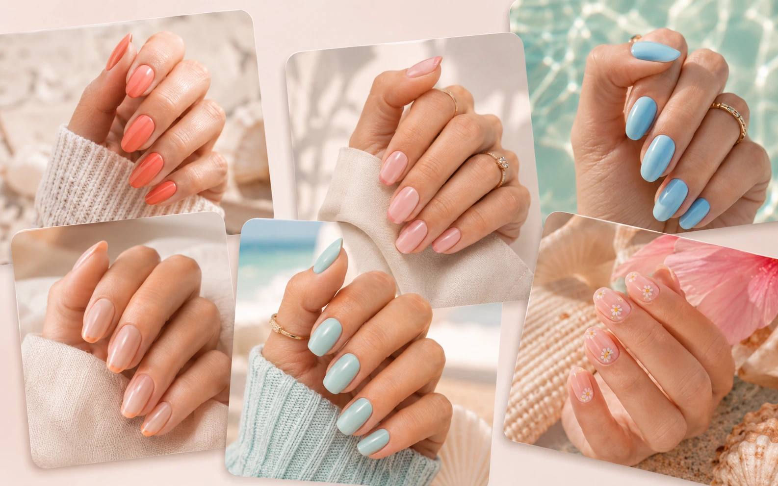 Summer nail ideas collage with bright glossy manicures and seasonal colors