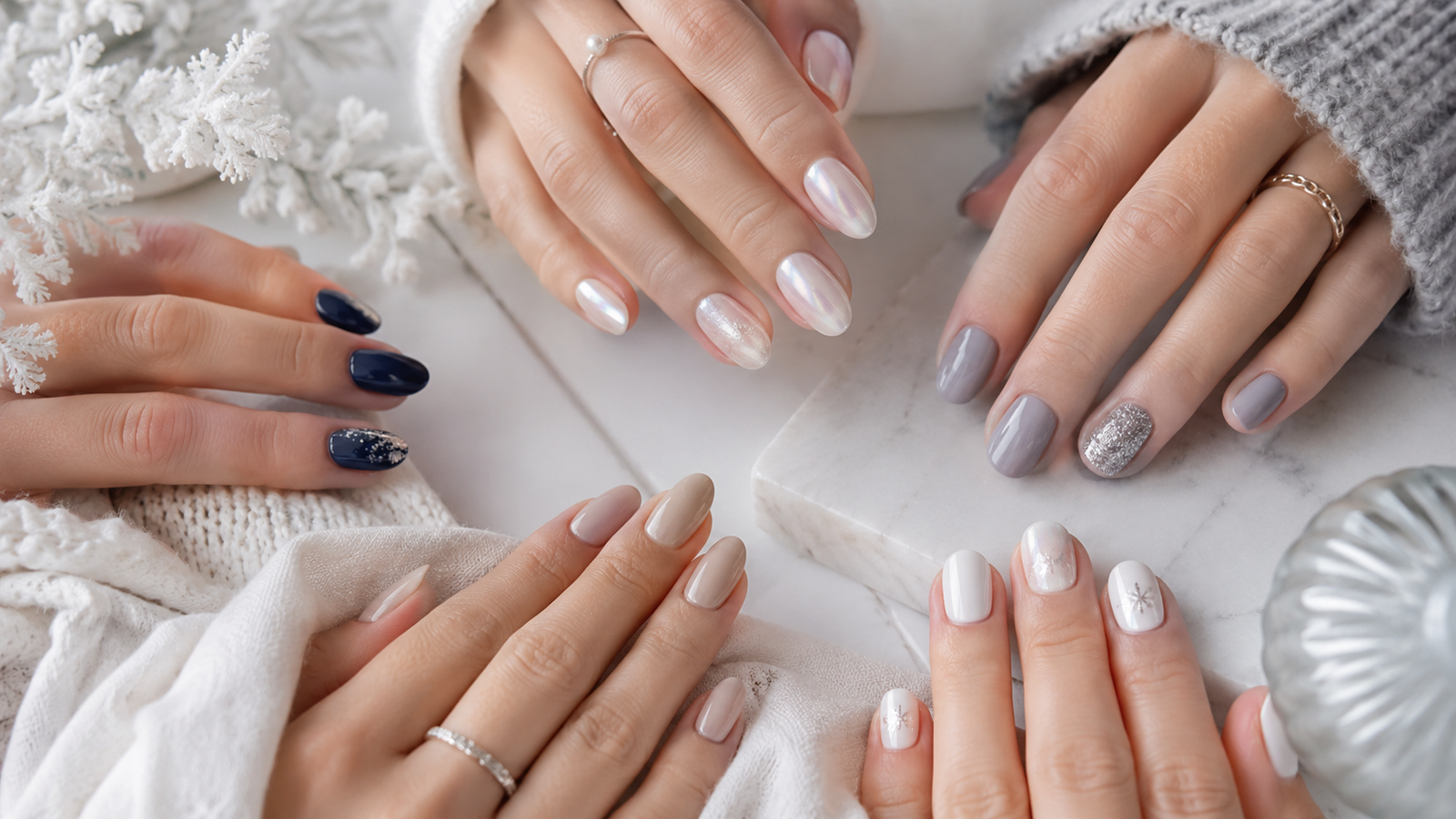 Winter nail ideas with milky white, icy blue, silver shimmer, navy, and pearl chrome finishes